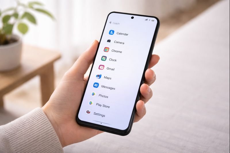 an Android phone showing a vertical, single-column app list with soft typography