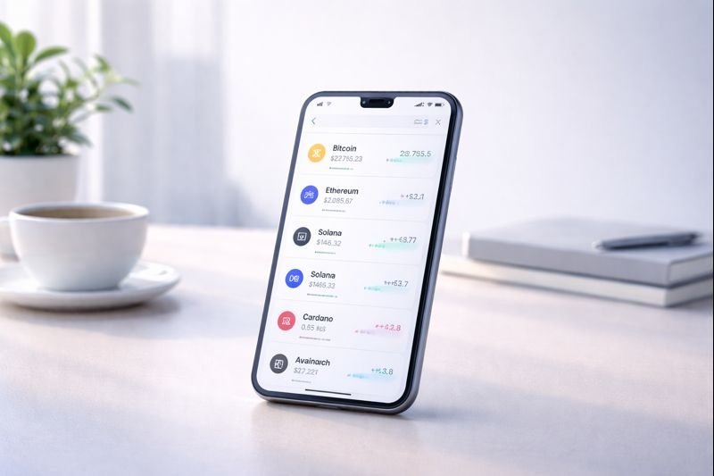 an image of a clean crypto app interface with simple price lists and soft neutral colors