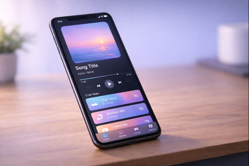 an image of a colorful but orderly offline music player with clear icons and playlist view
