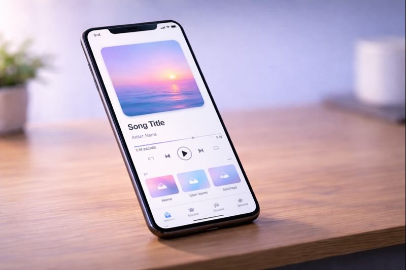 an image of a friendly offline music player interface with album art and simple navigation tabs