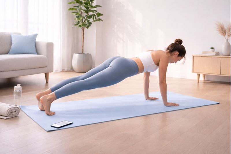 an image of a person doing a bodyweight exercise in a quiet, uncluttered room, face not visible