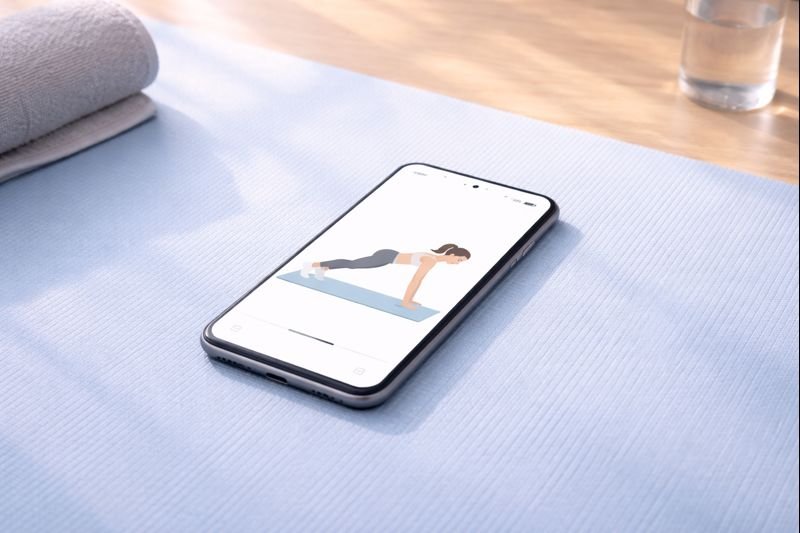 an image of a phone on a mat showing a simple workout animation, neutral colors, no branding emphasis