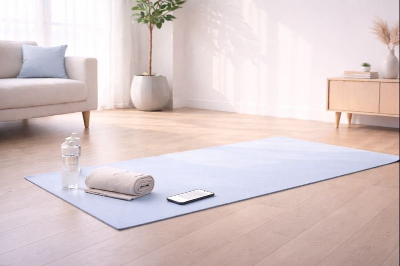 an image of a relaxed morning workout scene, soft lighting, minimal motion