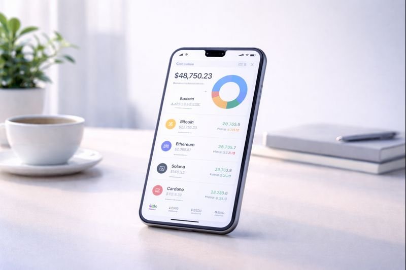 an image of a structured crypto portfolio app with calm layout and clear sections
