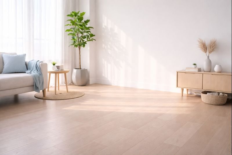 an image of an empty corner of a bedroom or living room, sunlight touching the floor, quiet and uncluttered