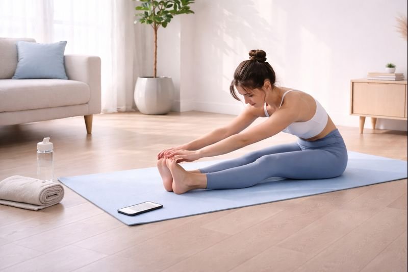 an image of someone stretching on the floor, neutral tones, calm posture