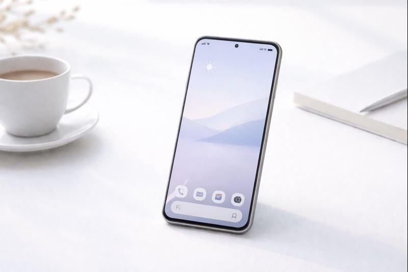 an uncluttered phone home screen with ample negative space and monochrome icons