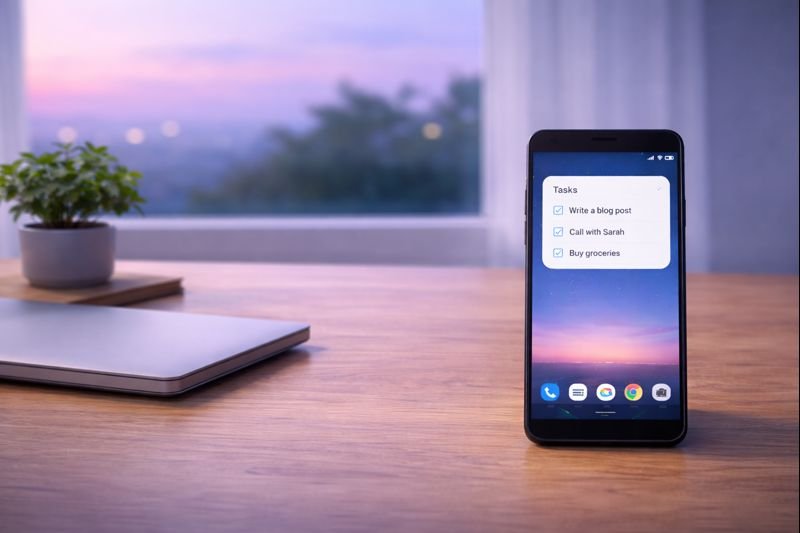 an uncluttered workspace at dusk with a small plant, closed laptop, and a phone showing three checked tasks