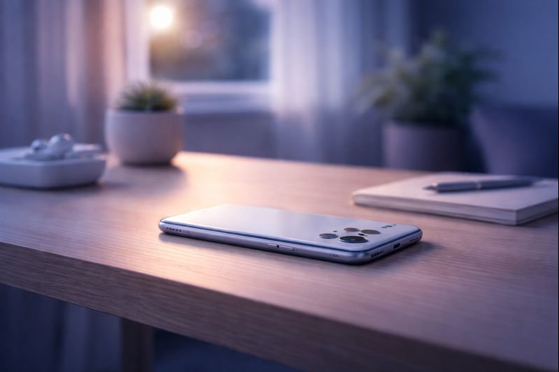 calm evening light in a quiet room, phone resting face down on a table