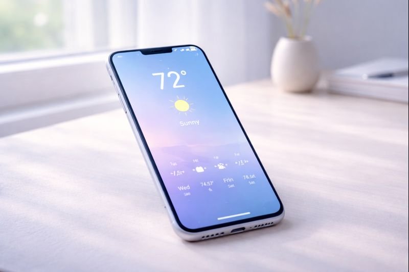 calm smartphone interface with a minimal weather layout, soft gradients, muted colors, no ads