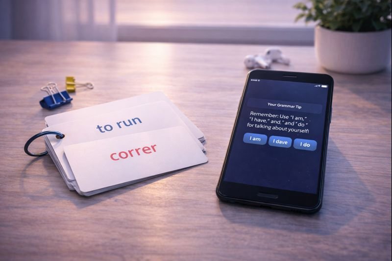 clean flashcards on a wooden table, a phone showing a short grammar tip