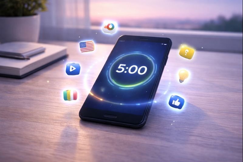colorful icons floating around a phone, a 5-minute timer softly glowing