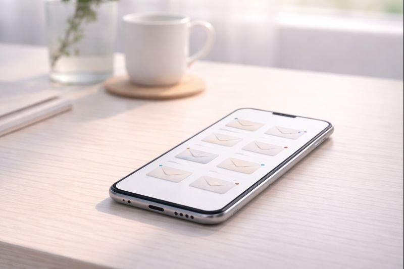 digital envelopes laid out neatly on a phone screen, warm neutral palette