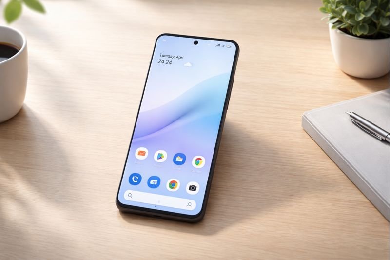 minimalist Android home screen resting on a wooden desk with soft natural light and no clutter