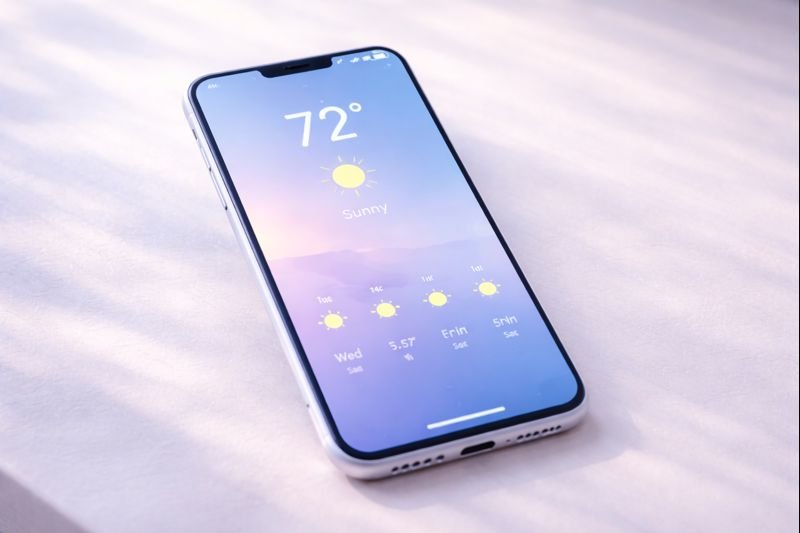 minimalist weather app screen showing temperature and hourly forecast with soft typography