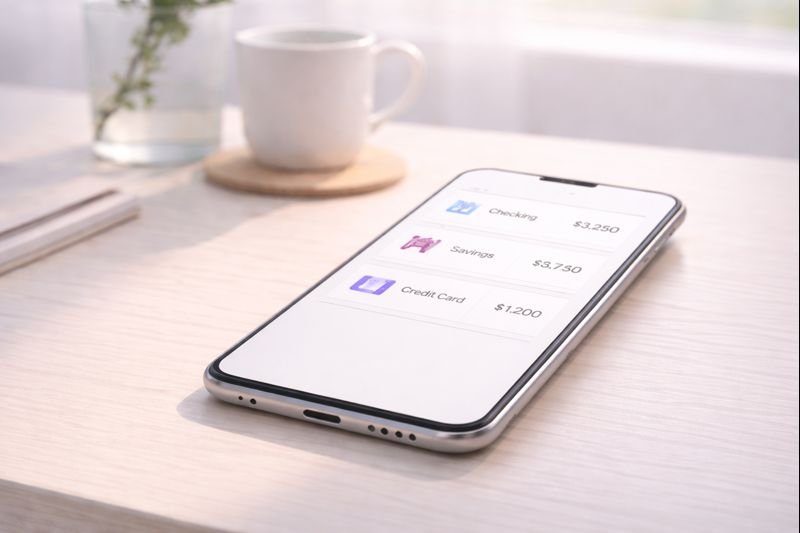 multiple accounts shown neatly on a phone screen, organized layout, calm colors