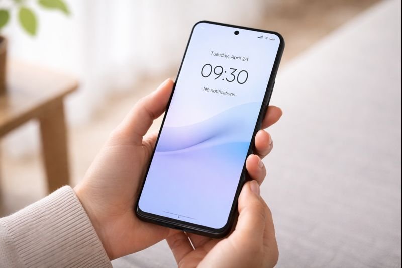 person holding an Android phone with a clean, text-only home screen against a neutral background