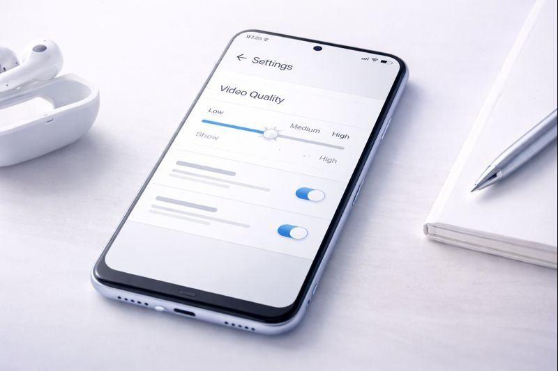 phone settings screen with video quality slider set low, soft neutral tones