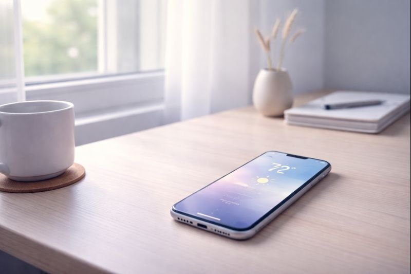 quiet desk near a window, soft daylight, a phone resting face-up showing a minimal weather app, neutral colors, calm atmosphere