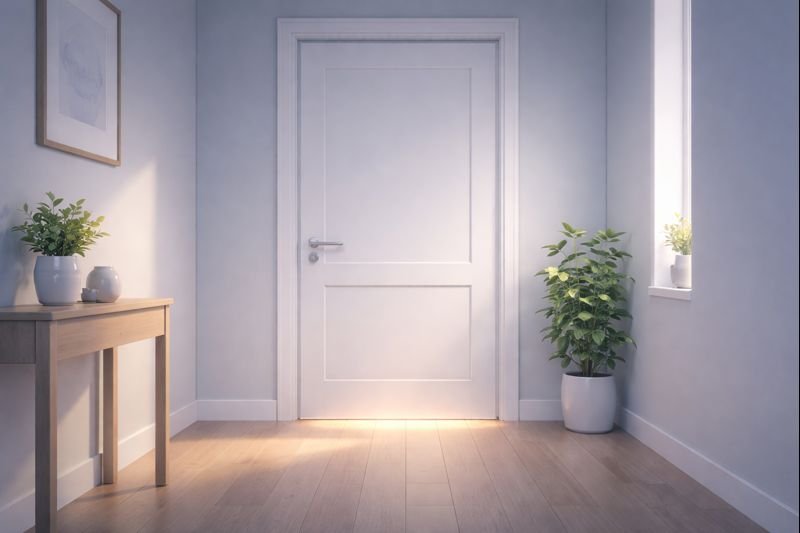 quiet hallway with a closed door and soft light seeping under it, symbolizing privacy and calm