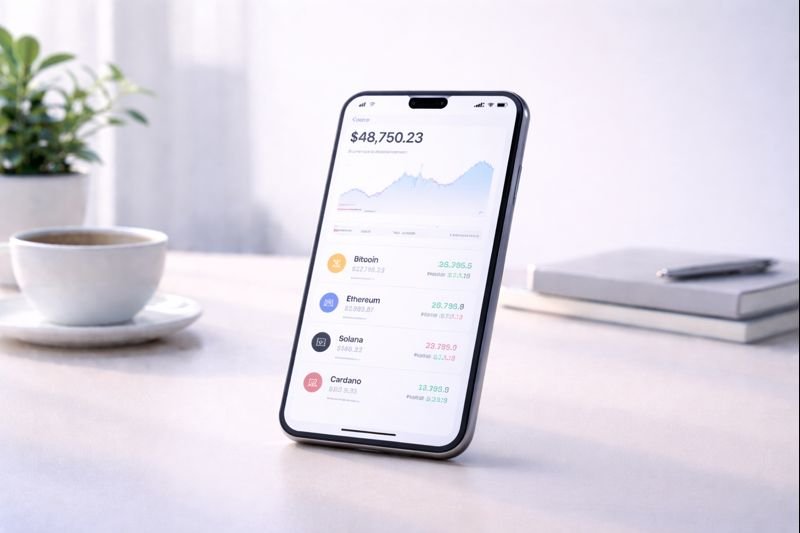 showing a crypto app with subdued charts and lots of spacing