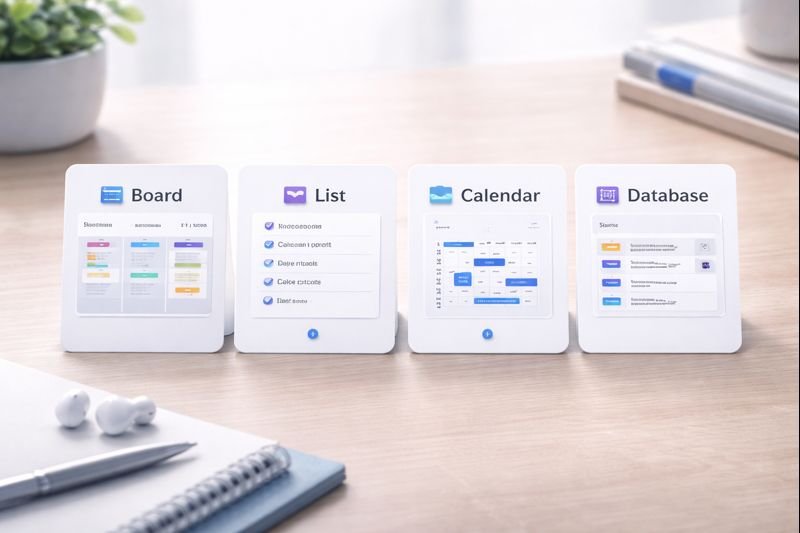 simple index cards on a desk labeled Board, List, Calendar, Database