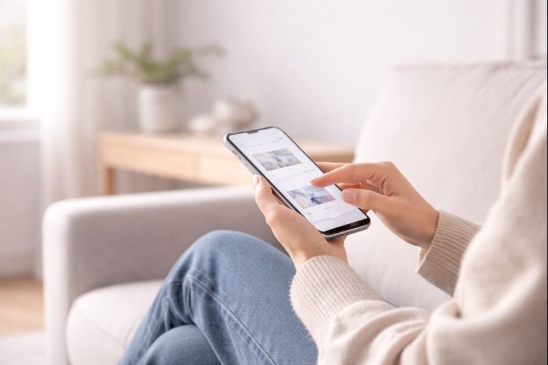 someone scrolling calmly on a phone in a quiet room, neutral colors, no visible branding, sense of focus