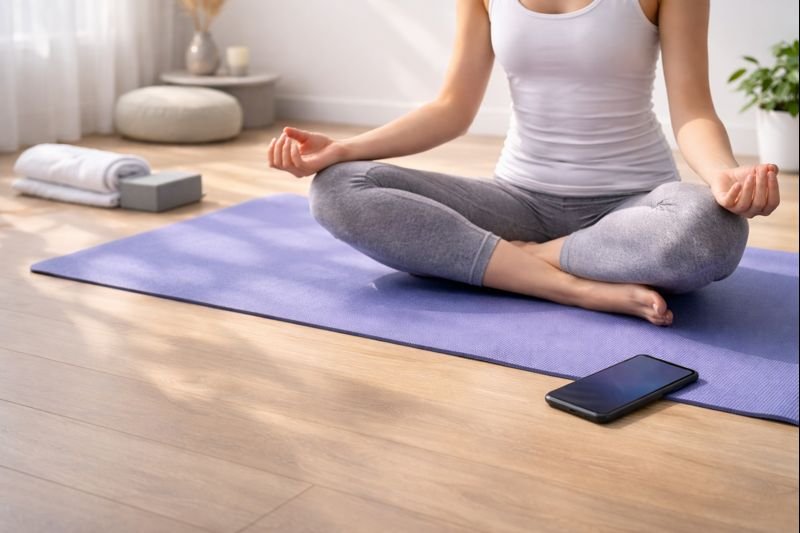 someone sitting cross-legged, phone face down beside a yoga mat