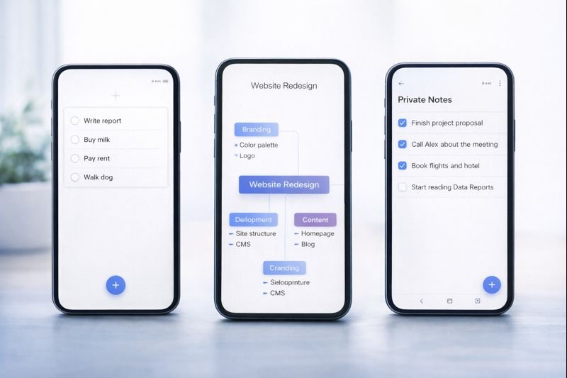 three minimalist phone screens a tiny list app, a mind-map style project outline, and a private notes app with checkboxes