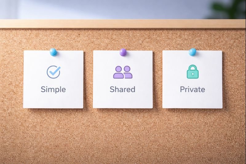 three simple cards on a corkboard labeled “Simple,” “Shared,” and “Private,” with minimal icons