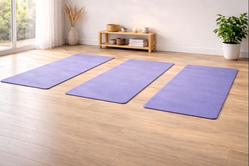 three yoga mats side by side, neutral colors