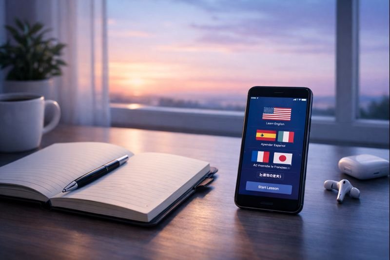 tidy desk by a window at dawn, a phone with a language app open, a notebook and pen, soft natural light