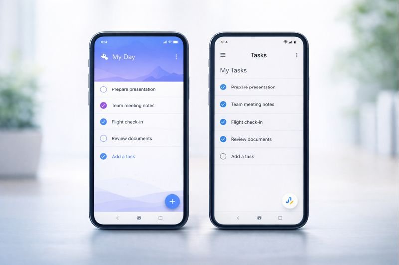 two minimalist phone screens side-by-side one showing Microsoft To Do’s My Day, the other Google Tasks with a simple list