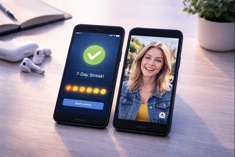 two phones side by side, one showing a checkmark streak, the other showing a native speaker video clip, clean background
