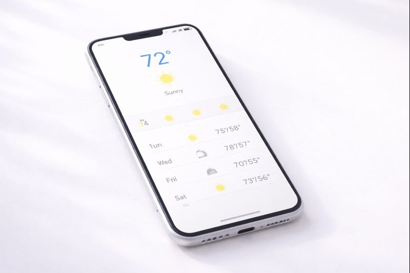very minimal weather app interface with plain text and icons, white background