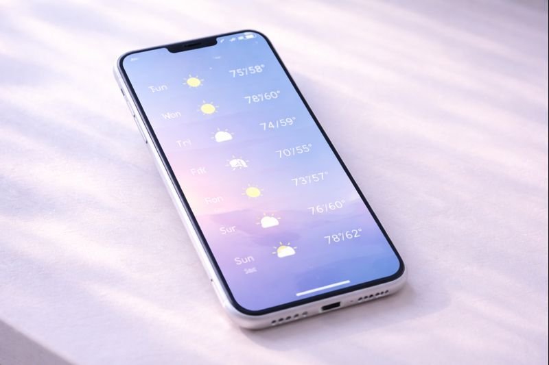 weather app showing a simple 7-day forecast, pastel colors, lots of spacing
