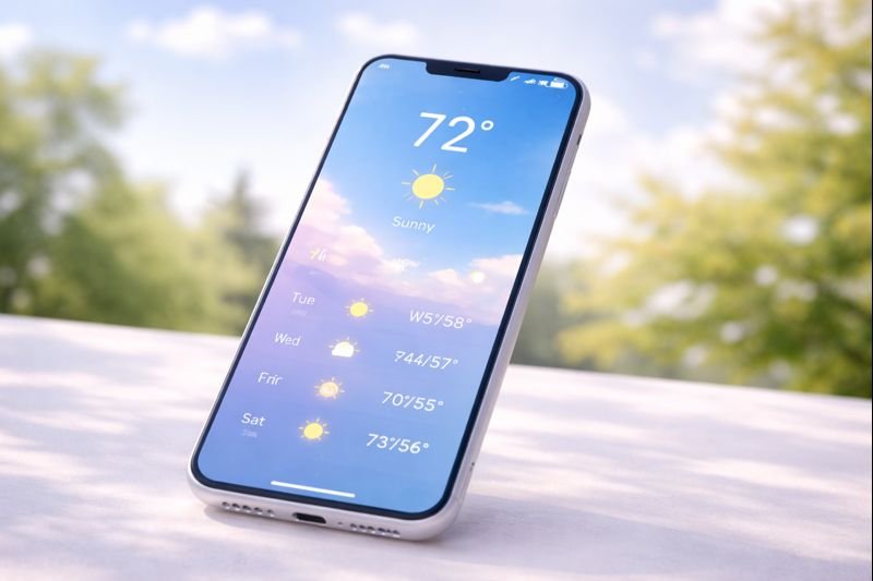 weather app with a real photo background matching current weather, soft overlay text